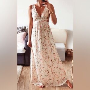 Zara Cream Floral Maxi Dress with Pink Flowers and Green Stems
